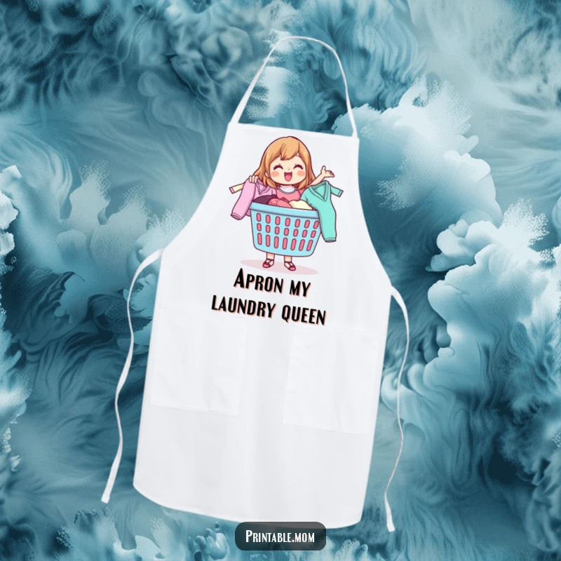 Funny apron showing a happy mom character gleefully tossing clothes from a laundry basket, designed for laundry duty.