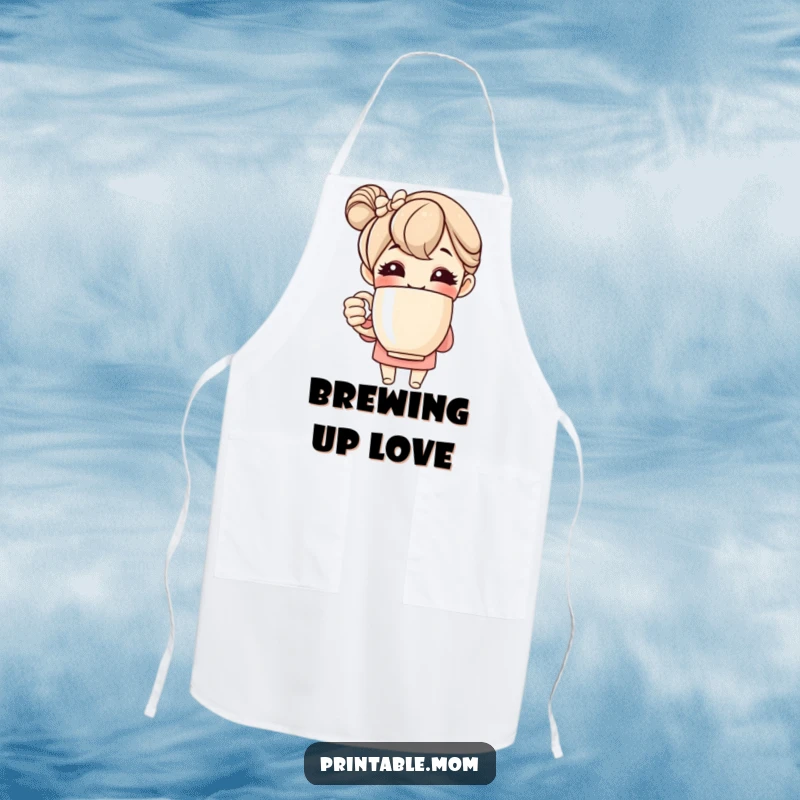 Funny apron showing a cheerful mom character holding a giant coffee mug, perfect for kitchen tasks and coffee breaks while cooking.