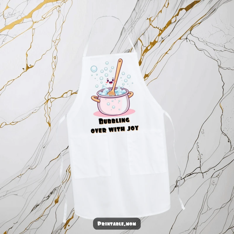 Funny Apron depicting a bewildered spoon stirring a pot that is comically overflowing with bubbles.