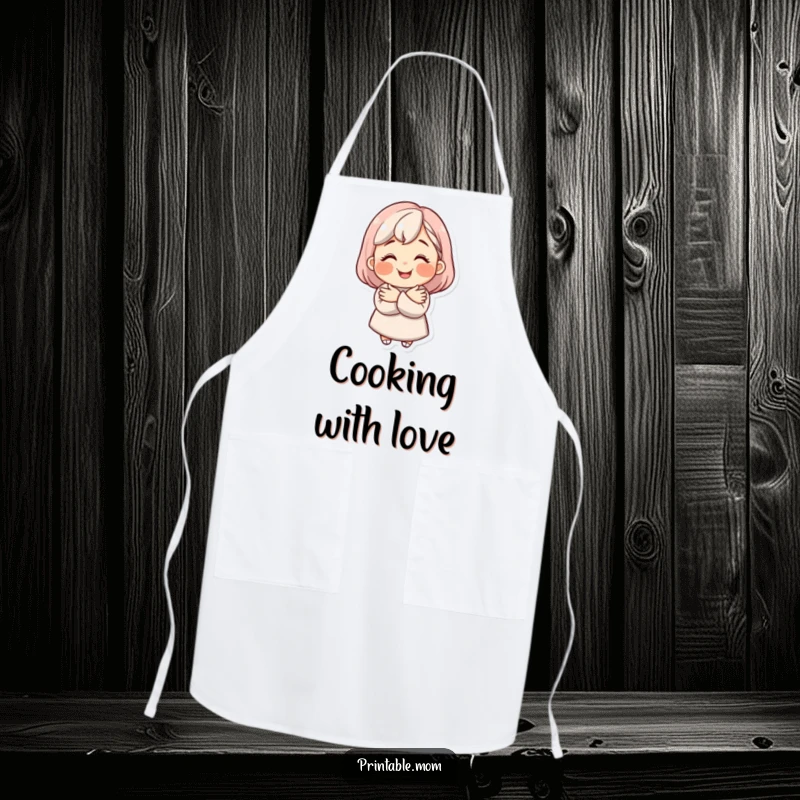 Funny mom character with a bright smile giving a warm hug on a functional and humorous mom apron.