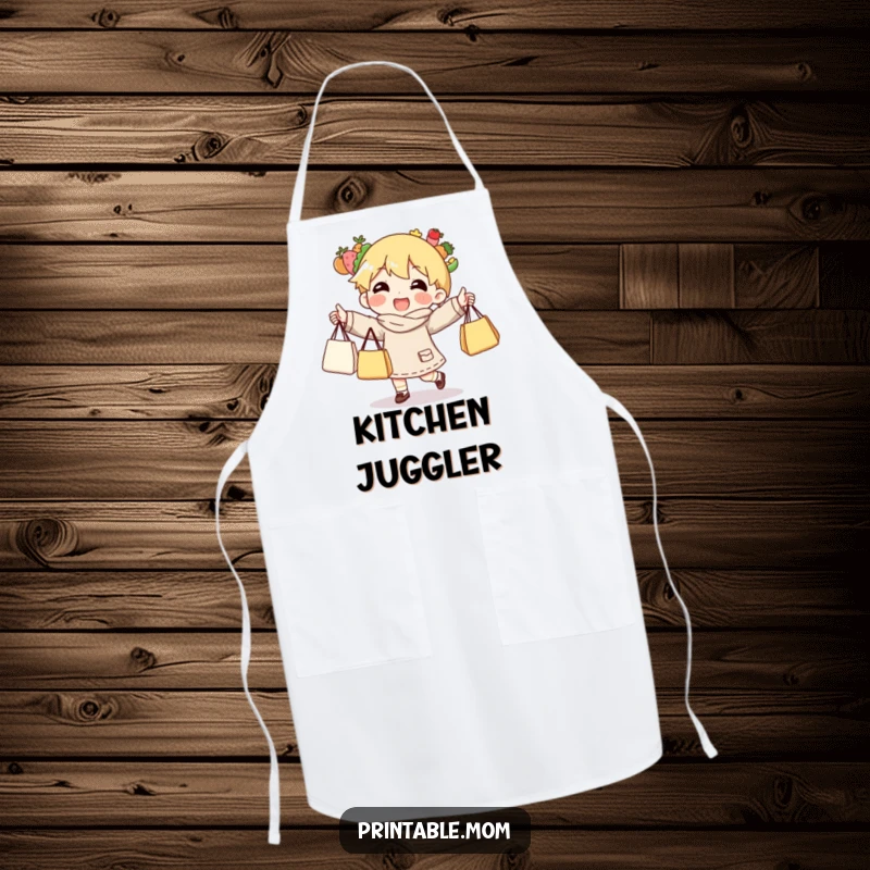Funny apron showing a character juggling grocery bags while preparing to cook a meal.