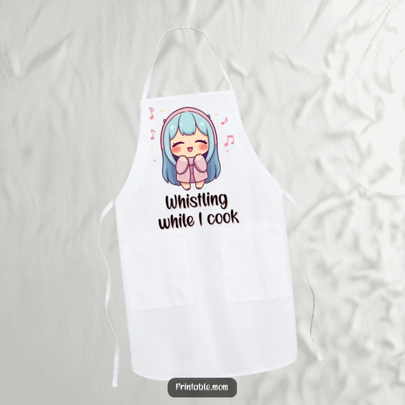Funny Mom Apron: A mom wears an apron, eyes closed, happily humming while preparing a meal.