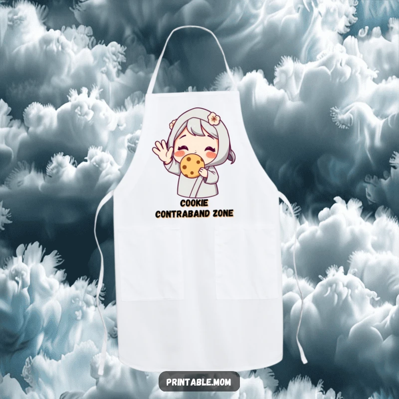 Funny apron depicting a mom character cheerfully waving and offering a cookie, adding humor and practicality to the kitchen, a great gift.