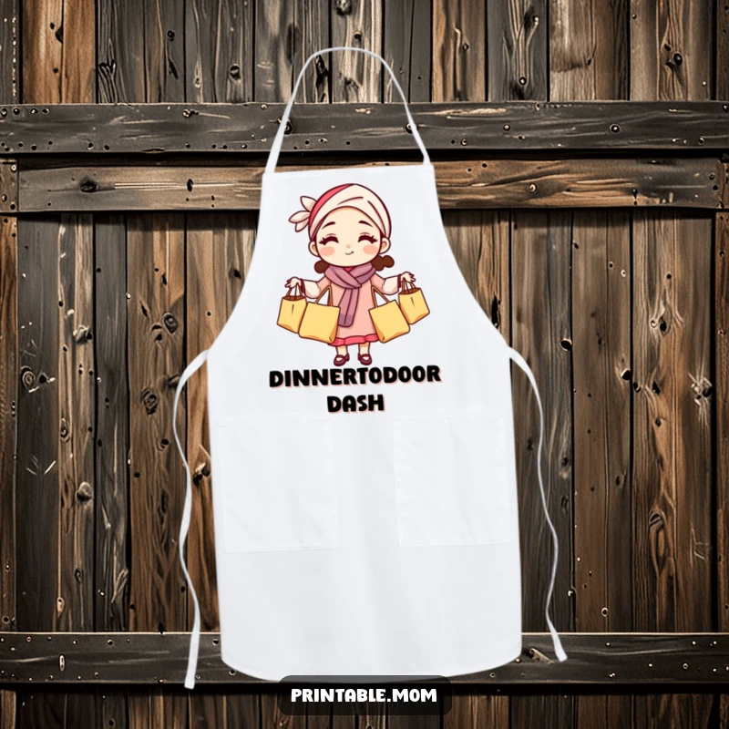 Funny mom apron showing a woman juggling grocery bags, a humorous and practical item for the kitchen.