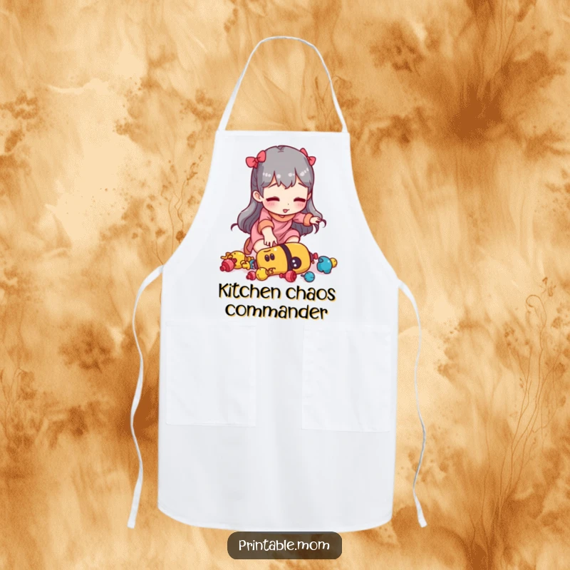 Funny mom apron showing a woman tripping over scattered toys, perfect for cooking with a sense of humor.