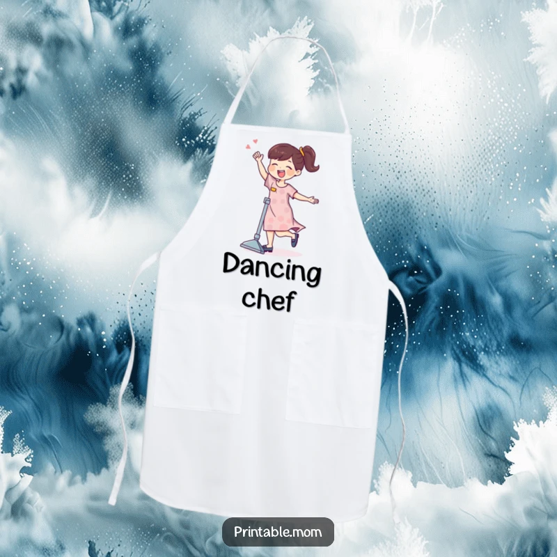 Funny mom character joyfully dancing with a vacuum cleaner on a functional and humorous chore apron.