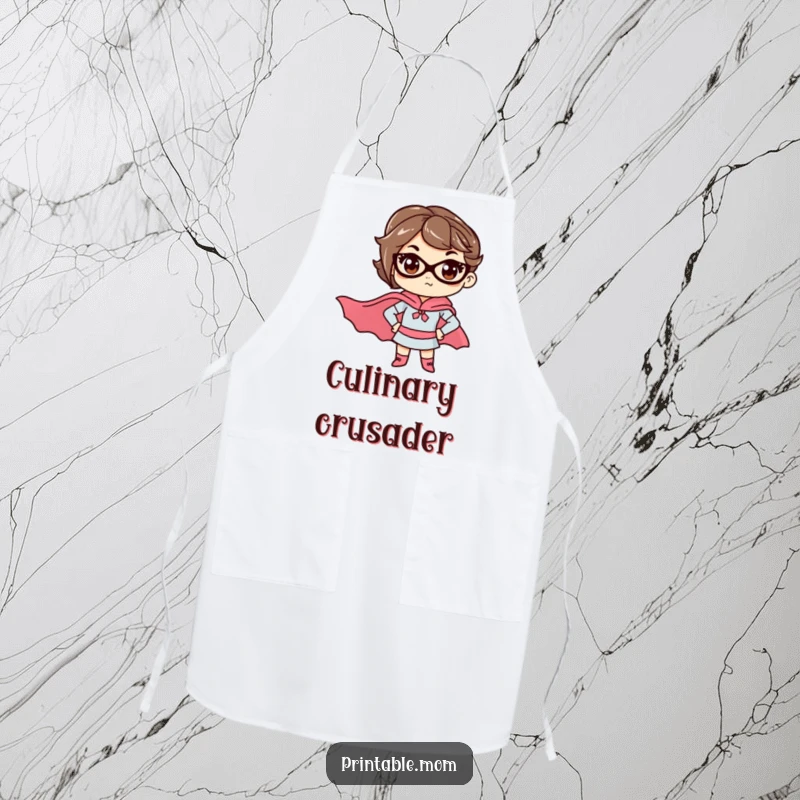 Funny mom apron showing a determined mom wearing a superhero cape, perfect for culinary adventures or everyday heroics.
