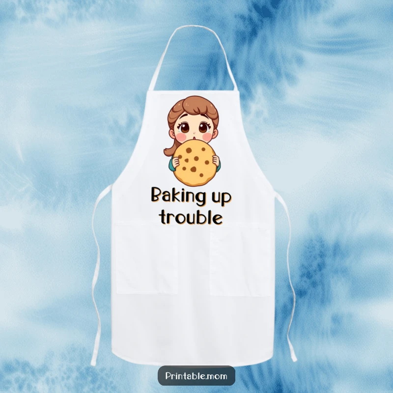 Funny mom apron showing a surprised mom ready to bake a giant cookie, ideal for kitchen fun and protection.
