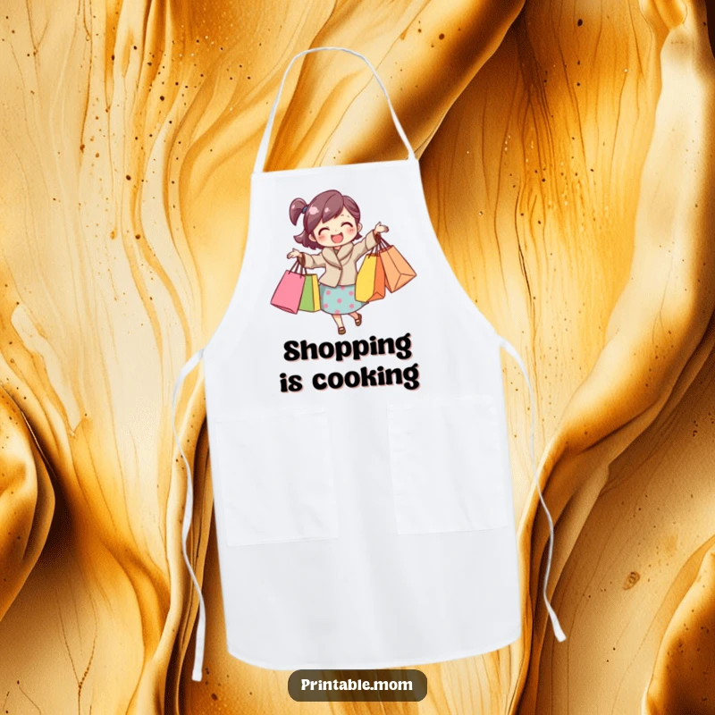 Funny mom apron showing a joyful mom surrounded by shopping bags, perfect for kitchen duties or shopping trips.
