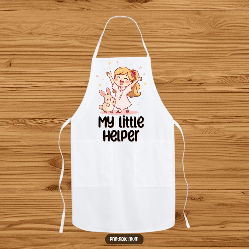 Funny apron depicting a mom doing a lively dance with a dust bunny, encouraging cheerful cleaning.