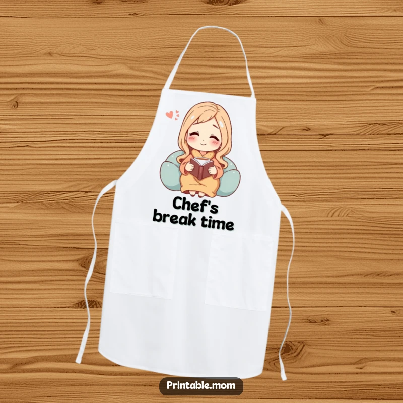 Funny apron depicting a mom character taking a well-deserved break, book and tea in hand, with a blissful, happy sigh.