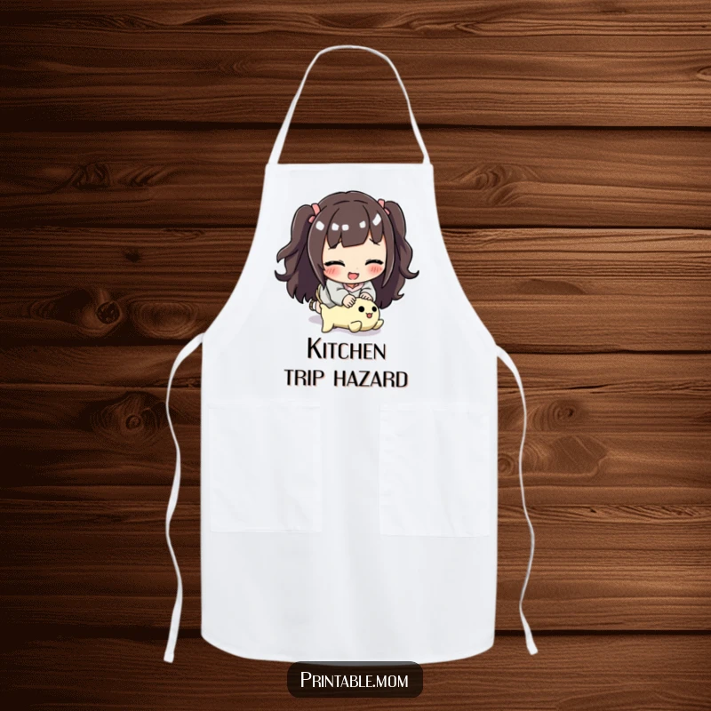 Funny mom apron showing a smiling mom tripping over a toy, perfect for kitchen duties or playtime supervision.