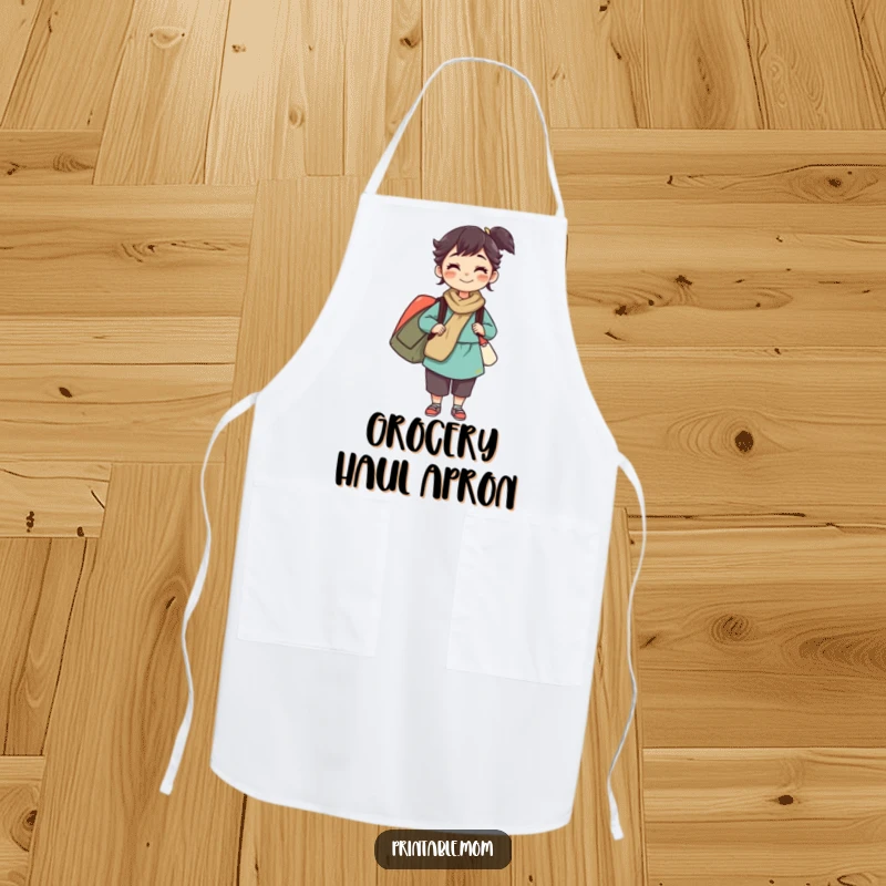 Funny apron depicting a mom character balancing multiple bags, adding humor and practicality to kitchen duties, a great gift for moms.
