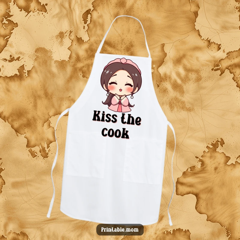 Funny apron with a rosy-cheeked mom character blowing a kiss, perfect for a humorous and affectionate kitchen experience.