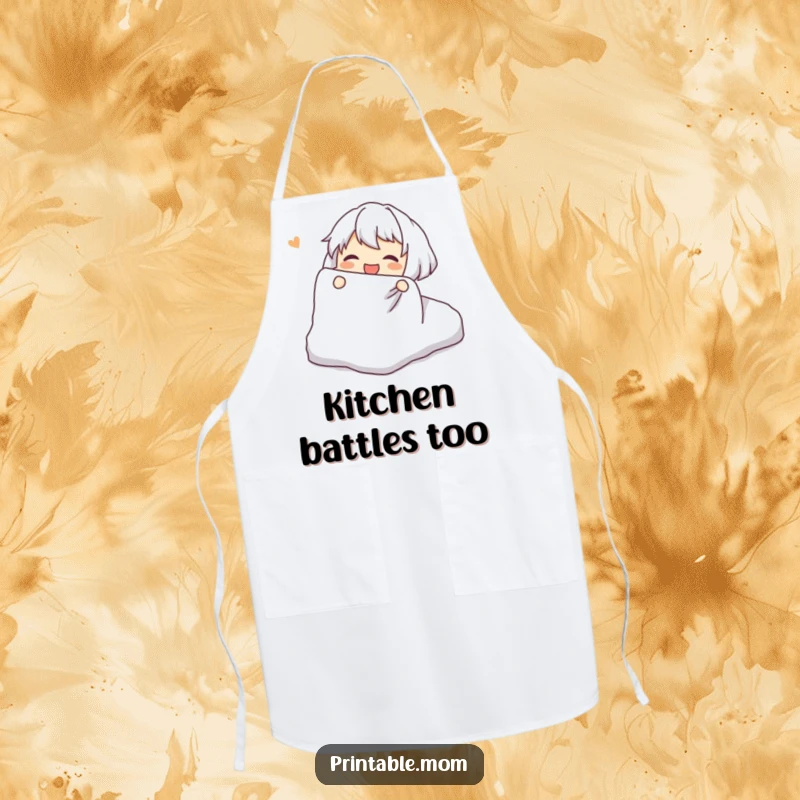 Funny Apron: Character joyfully attempting to fold a fitted sheet, a humorous and functional kitchen accessory.