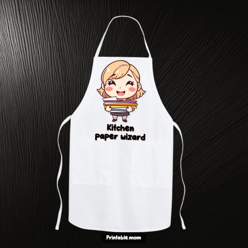 Funny cheerful mom character with papers, smiling, on a durable kitchen apron.