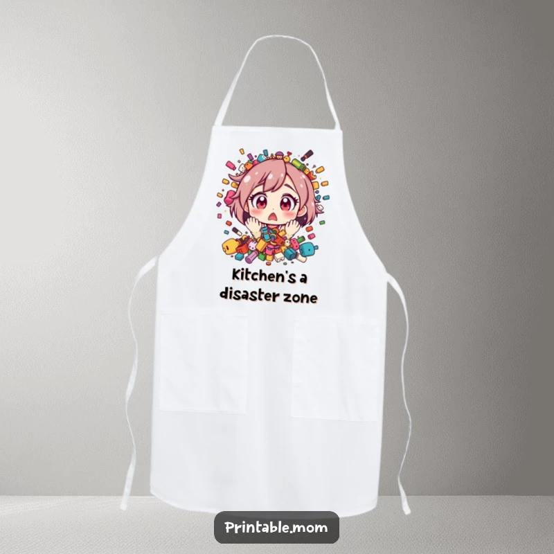 Funny apron depicting a mom character with wide, surprised eyes reacting to a jubilant explosion of toys.
