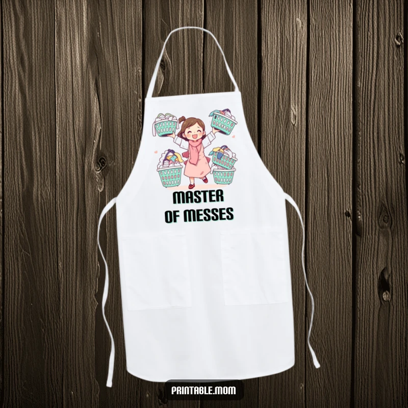 Funny apron with a mom juggling laundry baskets, perfect for adding humor and protection during chores.