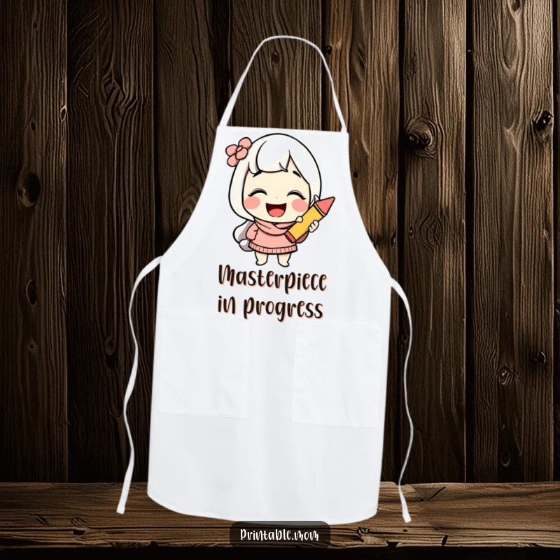 Funny mom apron for artists, showing a cheerful character giggling while holding a colorful crayon, perfect for creative projects.