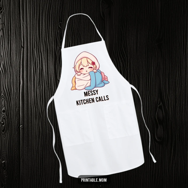 Funny Apron: Character peeking out from behind a pile of laundry with a wink, a humorous and functional accessory for laundry.