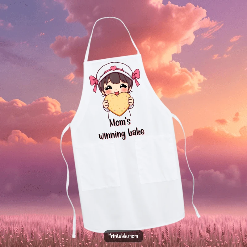 Funny apron featuring a proud mom character holding a heart-shaped cookie, perfect for kitchen activities and baking enthusiasts.