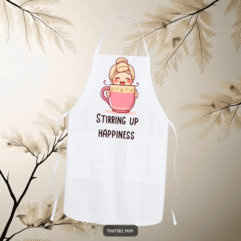 Funny apron for a mom, depicting her happily hugging a giant coffee mug, ready for kitchen adventures with a smile.