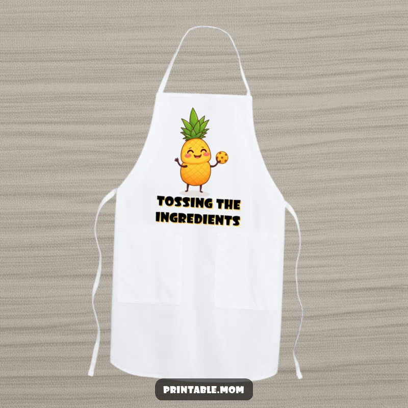 Funny Apron showing a giggling pineapple juggling small fruits with its leafy top.