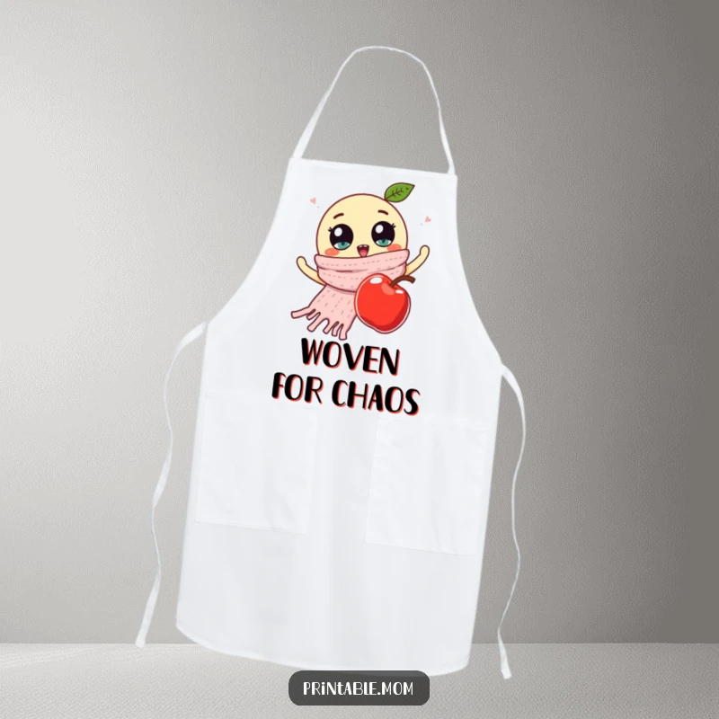 Funny apron illustrating a knitted scarf with googly eyes waving goodbye to a falling apple, adding humor to cooking or crafting.