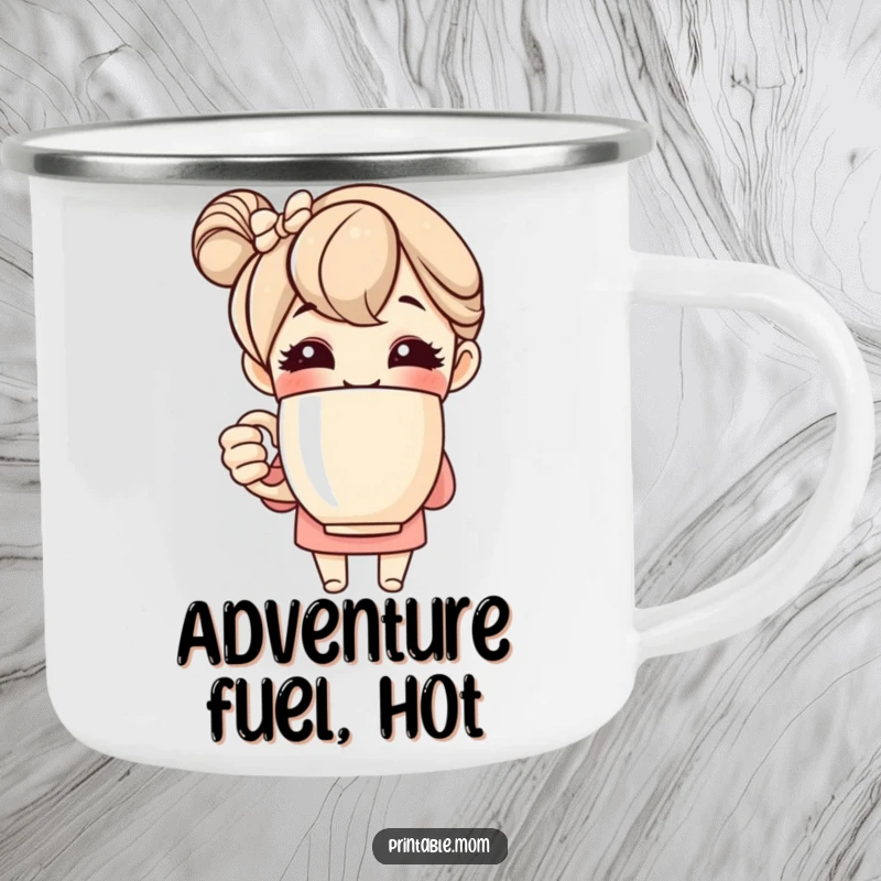 Funny camping mug showcasing a smiling mom character with a giant coffee mug, designed for outdoor enthusiasts and coffee lovers.