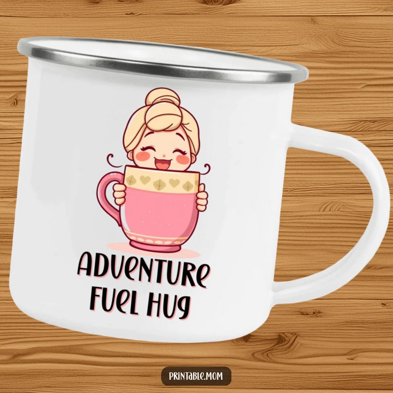 Funny camping mug featuring a happy mom character with a warm smile, hugging an oversized coffee mug, perfect for outdoor enthusiasts.