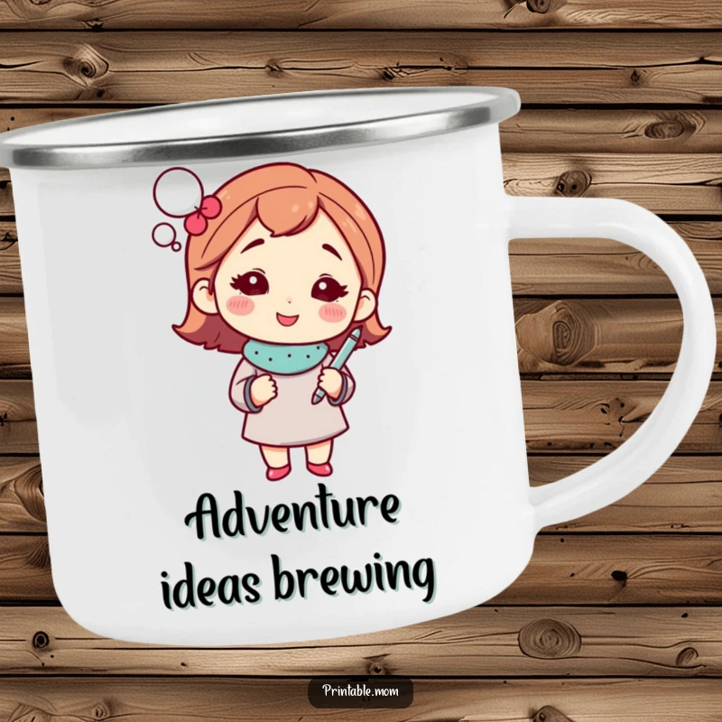 Funny mom camping mug with a sparkling thought bubble and pen, perfect for outdoor witty conversations.
