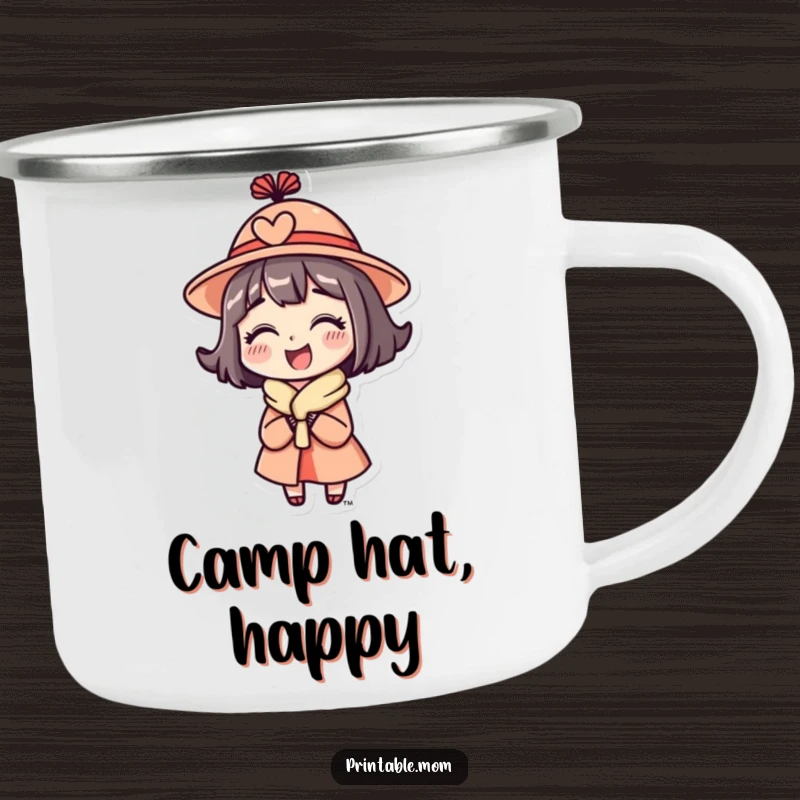 Funny Mom Camping Mug with a mom character wearing a funny hat and looking delighted.