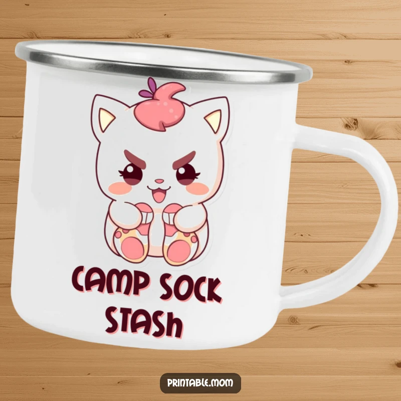 Funny camping mug with a mischievous character hoarding tiny socks, durable for adventures, adding humorous stealth to campsites.