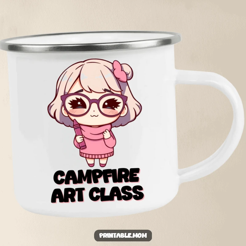 Funny camping mug with a mom character with big glasses winking while holding a crayon outdoors.