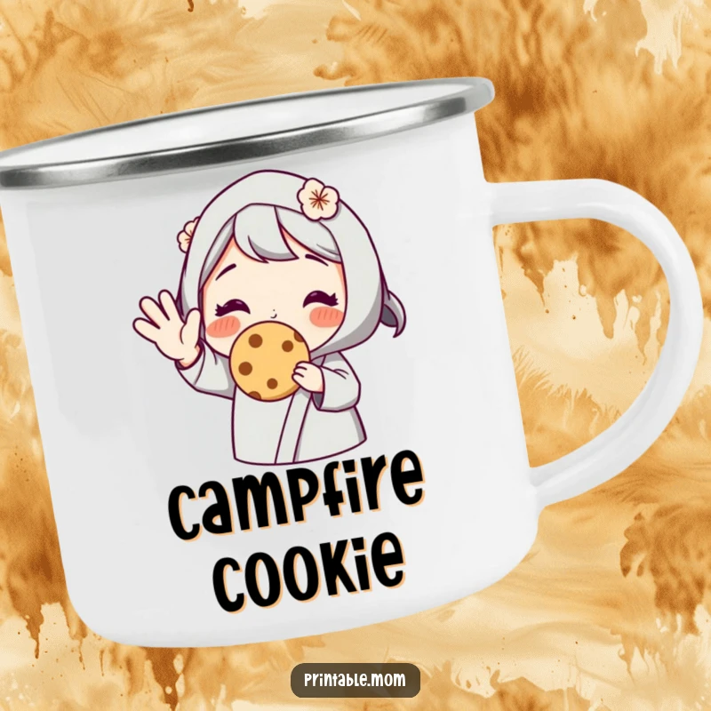 Funny camping mug showing a mom character offering a cookie with a wave, perfect for enjoying treats outdoors, a unique and humorous gift.