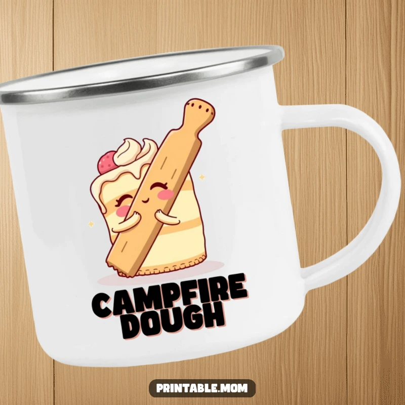 Funny Cake Camping Mug depicting a cheerful dessert comically hugging a giant rolling pin, durable and stylish for outdoor trips.