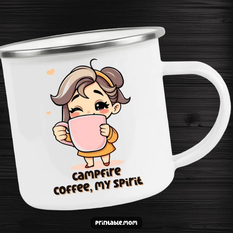 Funny camping mug depicting a mom with a wide grin holding an oversized coffee mug, perfect for outdoor coffee lovers.