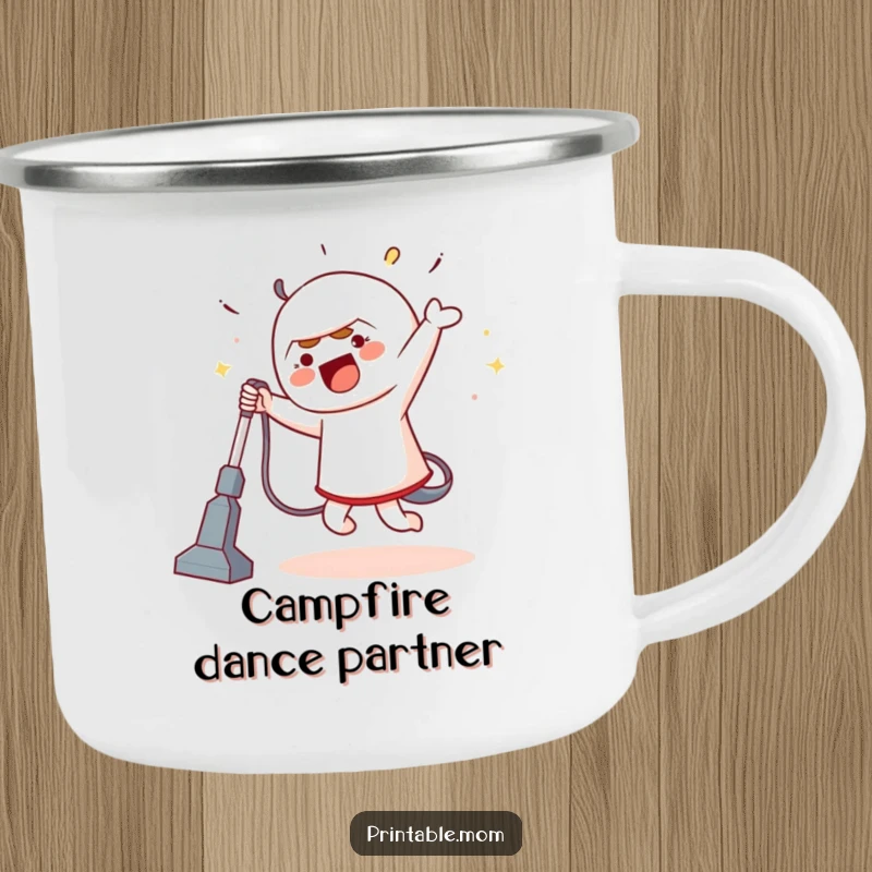 Funny camping mug with a character dancing with a vacuum cleaner, durable for adventures, adding humorous rhythm to campsites.