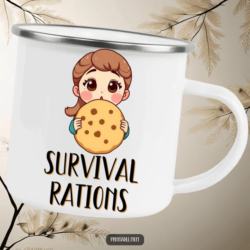 Funny mom camping mug showing a surprised mom with a giant cookie, perfect for outdoor adventures and morning brews.