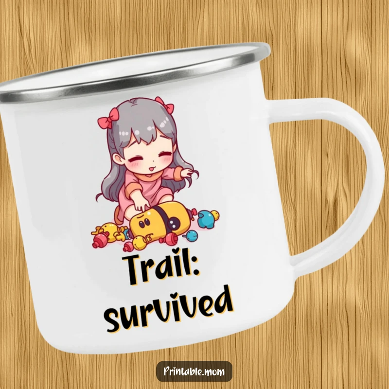 Funny mom camping mug showing a woman tripping over scattered toys, celebrating outdoor parenting humor.