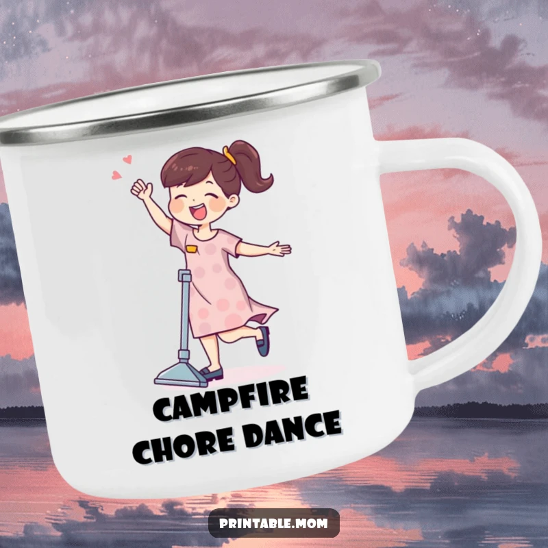 Funny mom character joyfully dancing with a vacuum cleaner on a rugged camping mug.