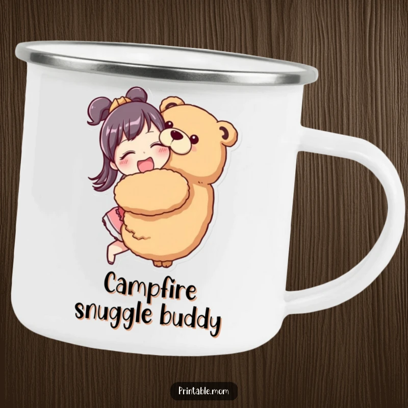 Funny Mom Camping Mug with a mom character enthusiastically hugging a giant stuffed animal.