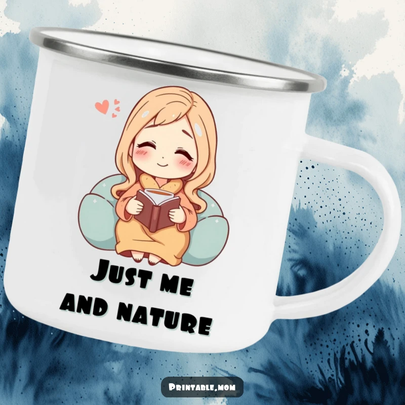 Funny camping mug depicting a relaxed mom character enjoying a book and tea with a happy sigh, perfect for outdoor tranquility.