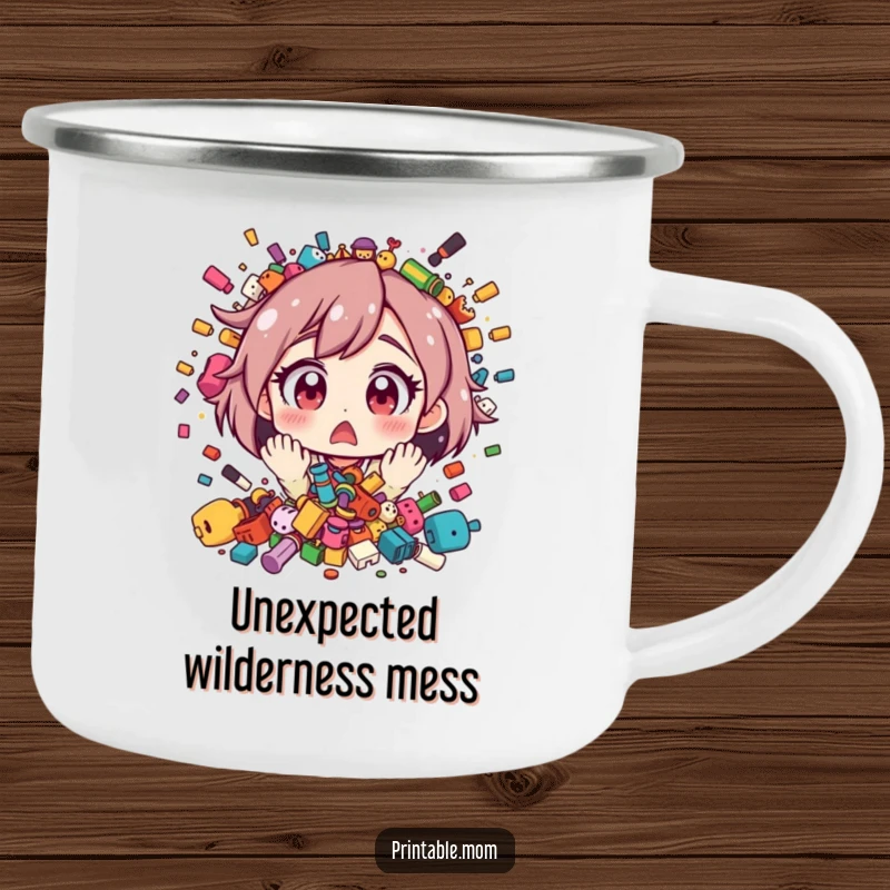 Funny camping mug depicting a mom character with wide eyes, comically surprised by a playful explosion of toys.