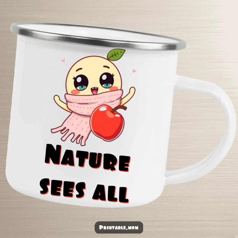 Funny camping mug with a knitted scarf and googly eyes waving at a falling apple, ready for outdoor escapades and chuckles.