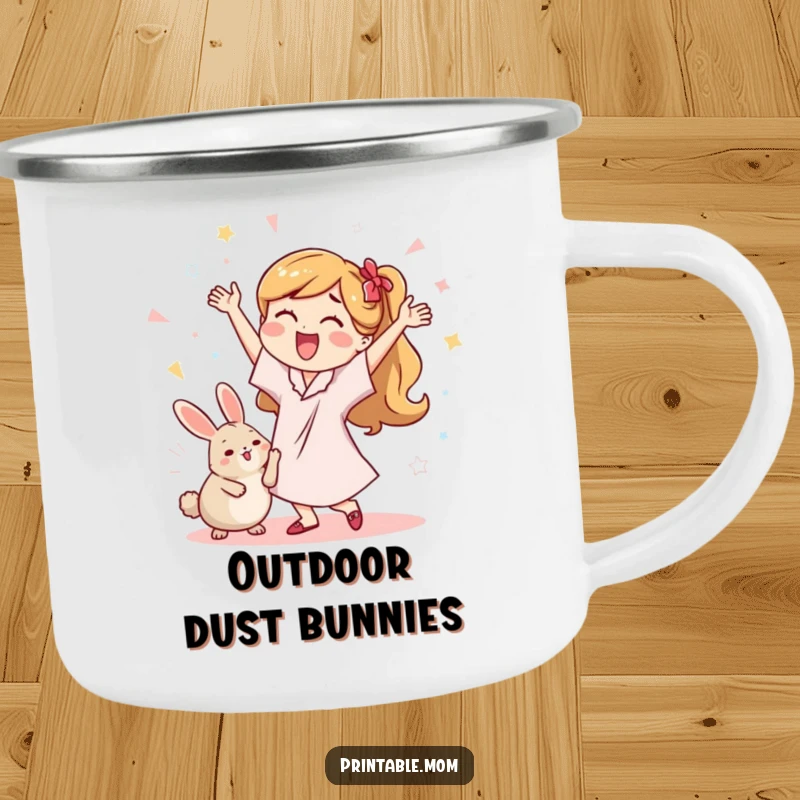 Funny enamel camping mug featuring a mom dancing with a dust bunny, celebrating outdoors with humor.