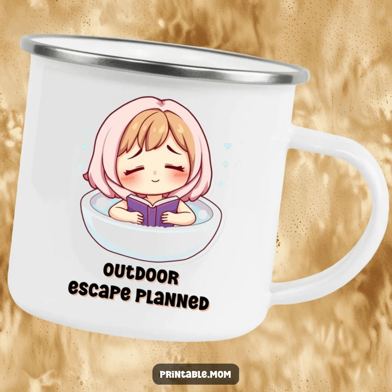 Funny camping mug featuring a tired mom character smiling while floating in a bubble bath with a book, perfect for relaxation.