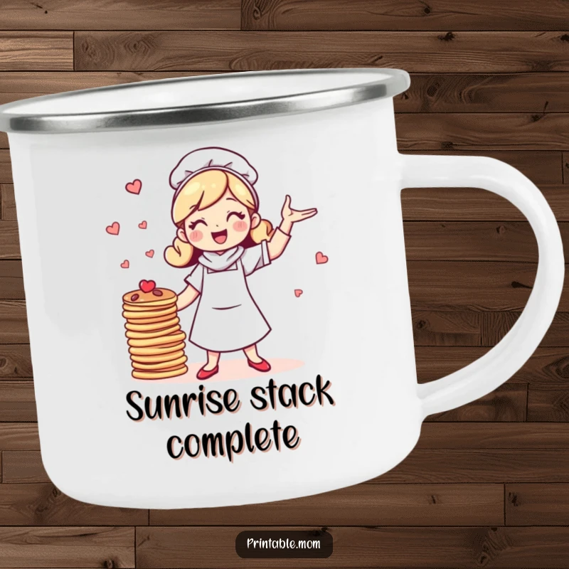 Funny camping mug featuring a cheerful mom character humorously juggling a stack of pancakes, ready for any outdoor escapade.