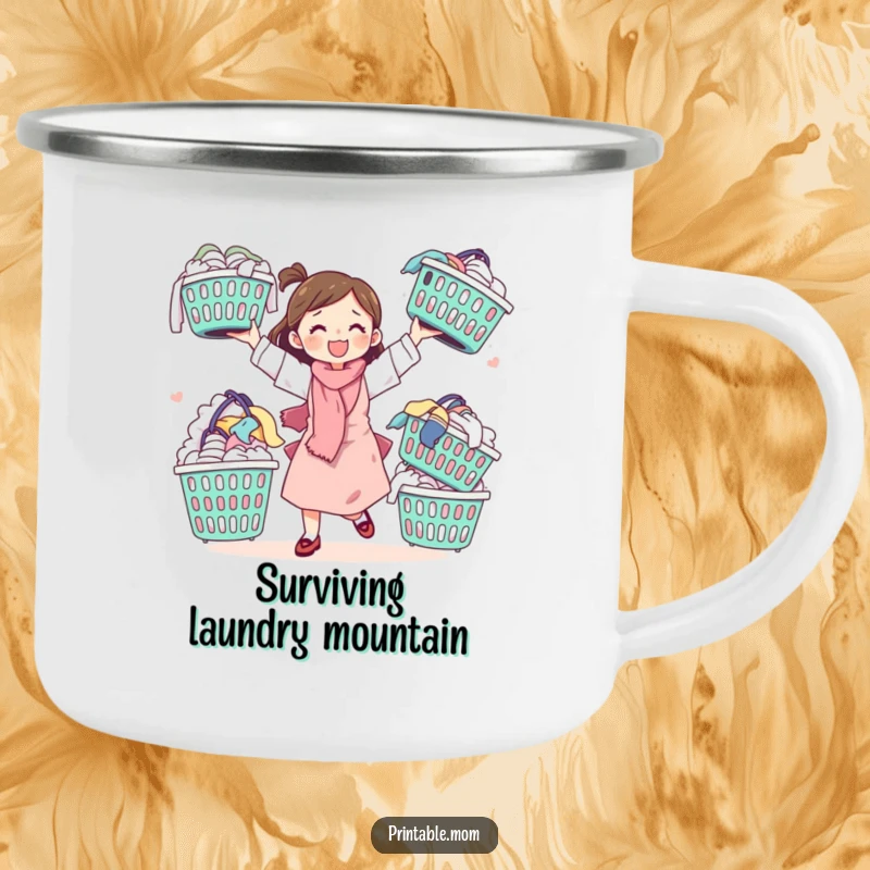 Funny camping mug with a mom juggling laundry baskets, perfect for enjoying drinks with mom humor on the go.