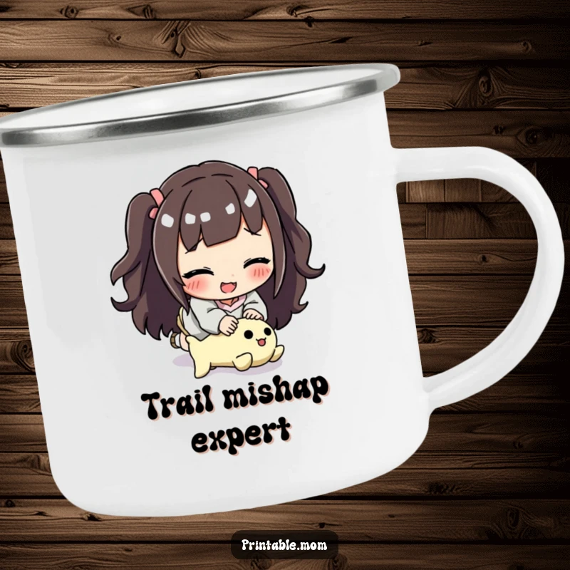 Funny mom camping mug showing a smiling mom tripping over a toy, perfect for enjoying a drink in any environment.